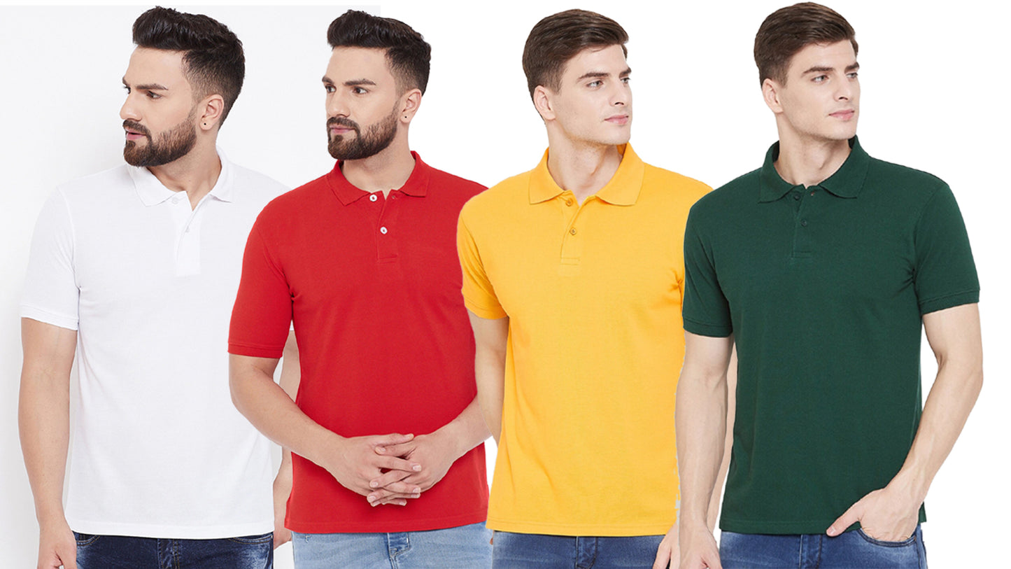 Cotton Blend Solid Half Sleeves Mens Polo Neck T-Shirt (Pack of 4) - Bharat Bazaar