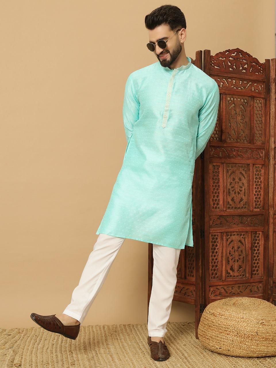 Men's Jacquard Solid Kurta Pyajama Set - Bharat Bazaar