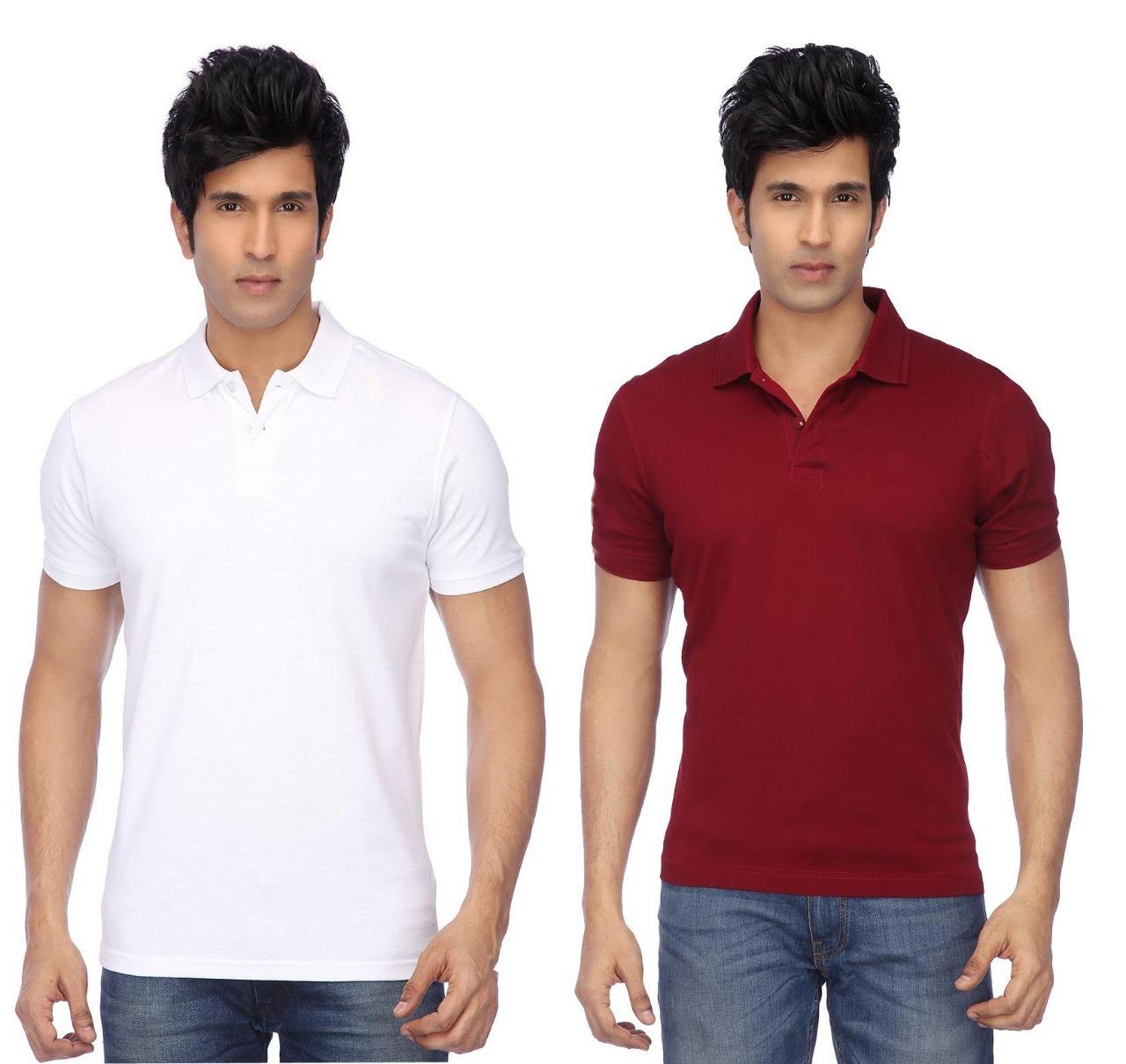 Cotton Blend Solid Half Sleeves Mens Polo Neck T-Shirt (Pack of 2) - Bharat Bazaar