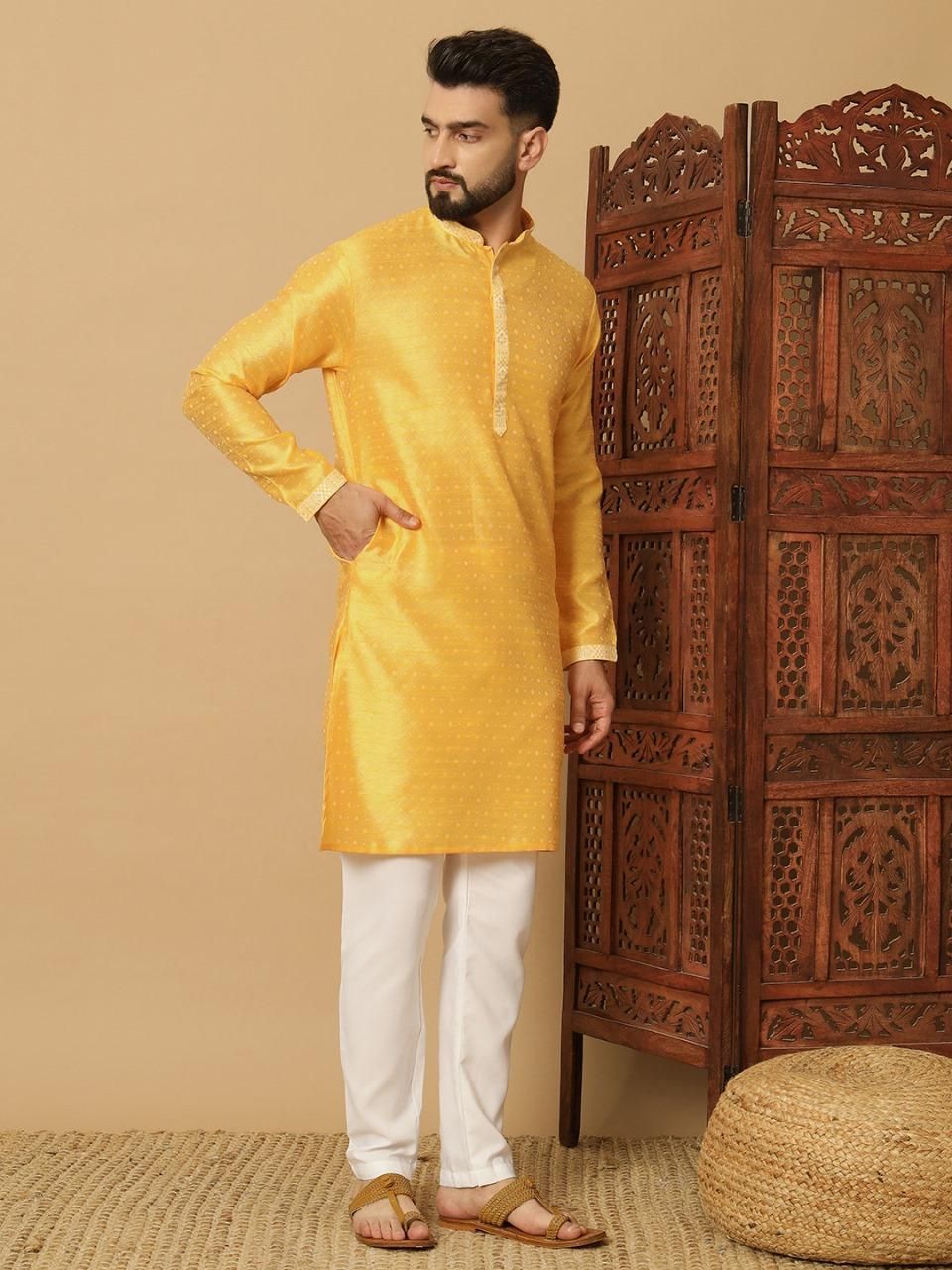 Men's Jacquard Solid Kurta Pyajama Set - Bharat Bazaar