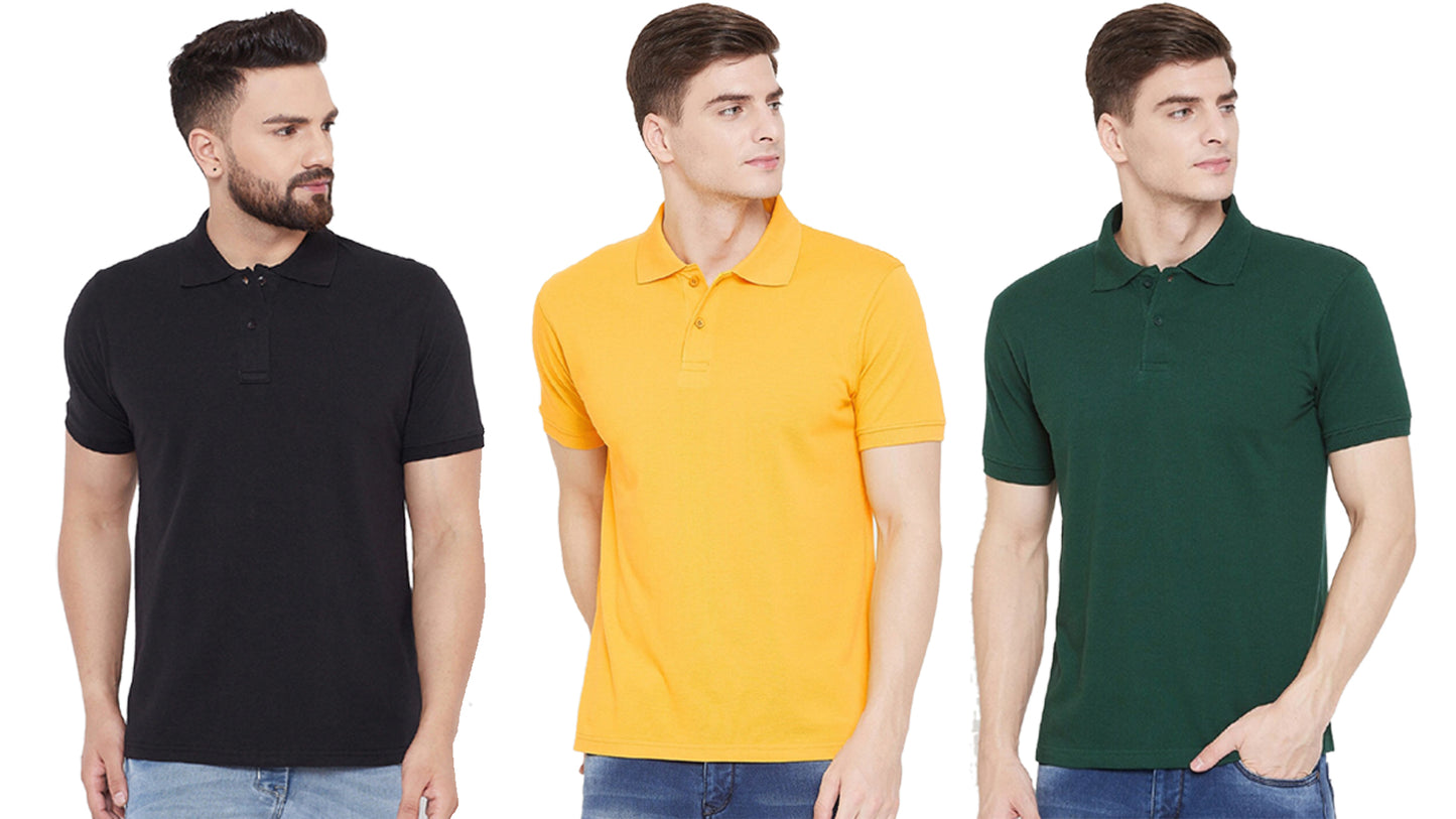 Cotton Blend Solid Half Sleeves Mens Polo Neck T-Shirt (Pack of 3) - Bharat Bazaar