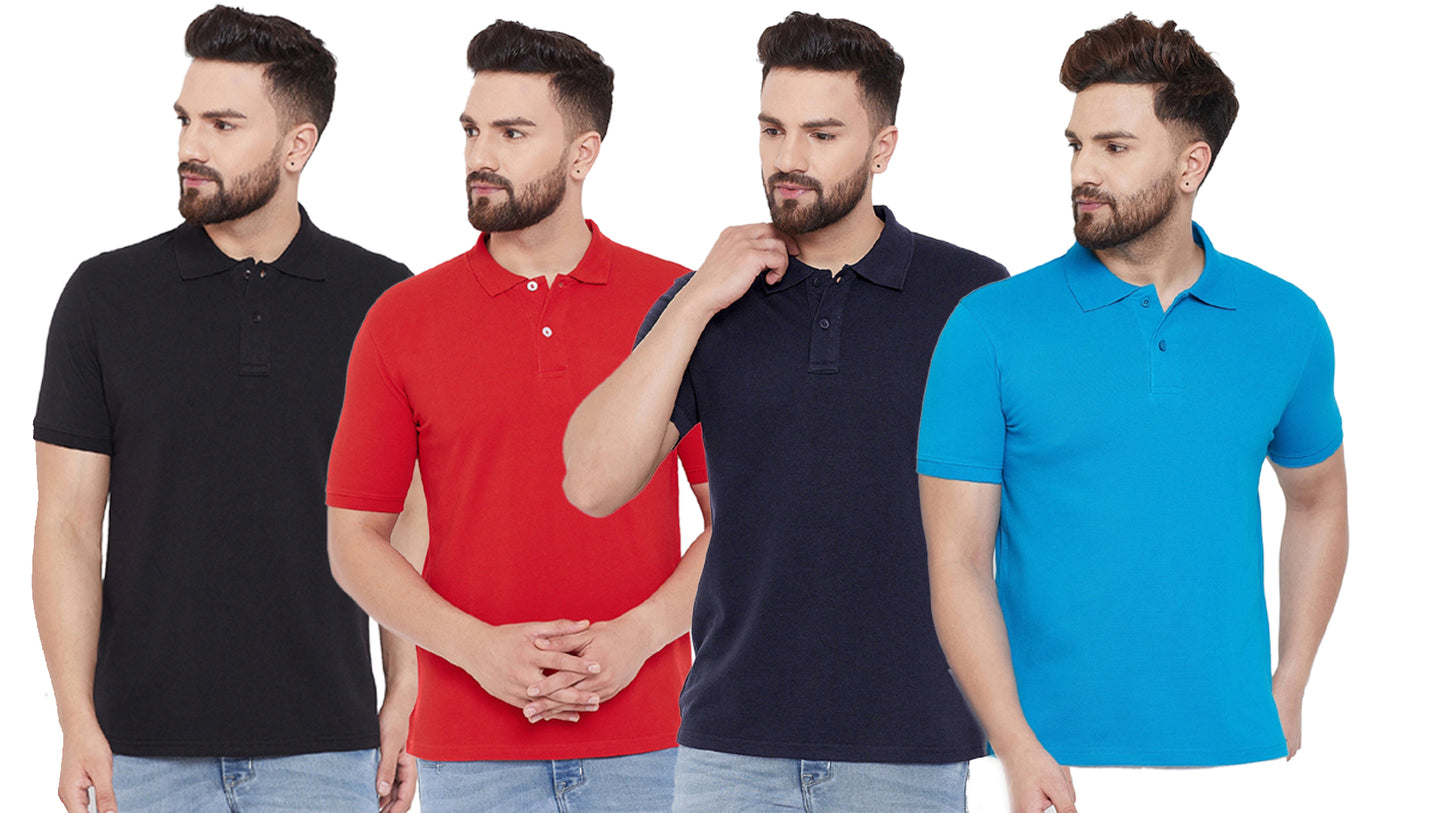 Cotton Blend Solid Half Sleeves Mens Polo Neck T-Shirt (Pack of 4) - Bharat Bazaar