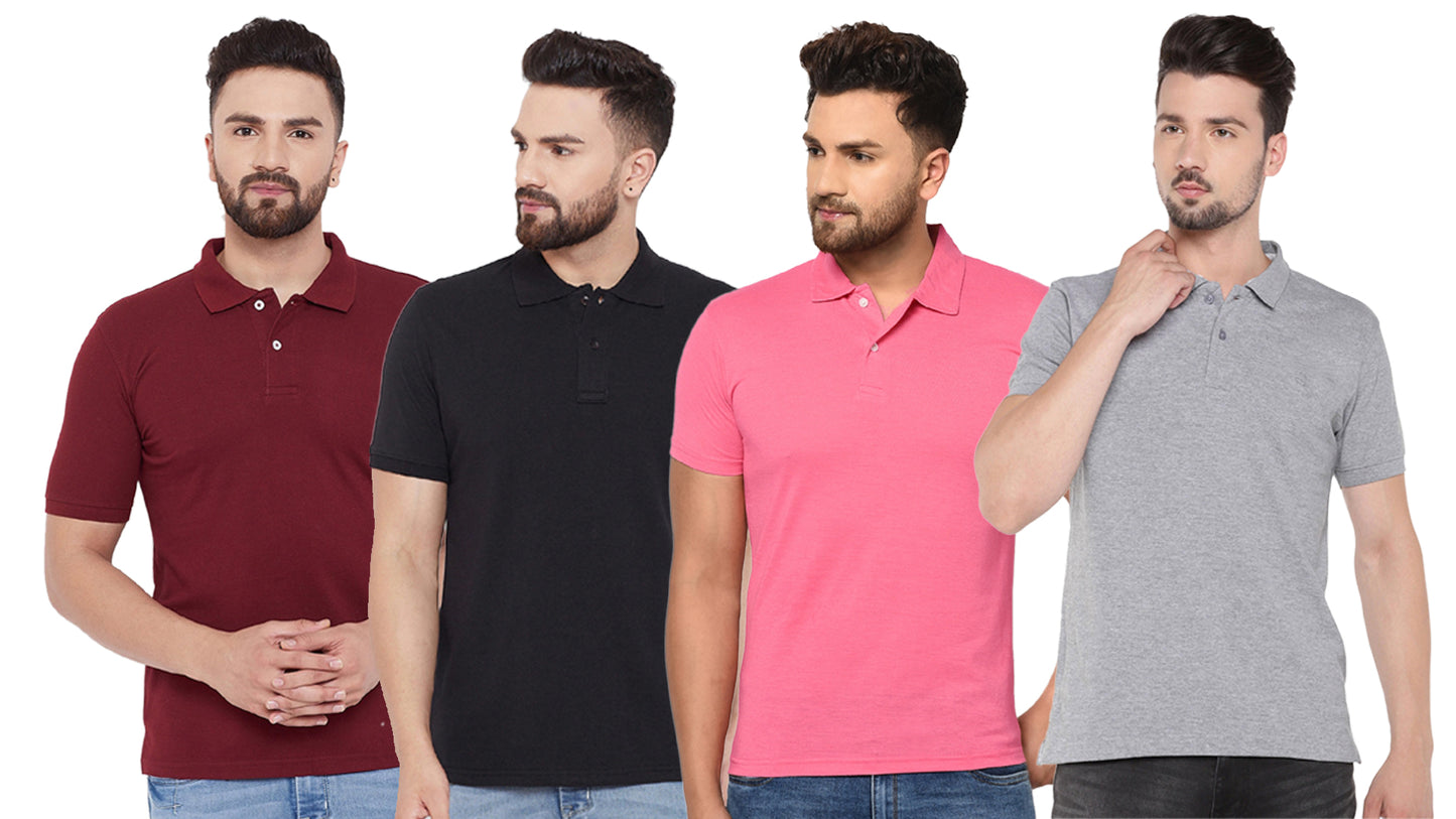 Cotton Blend Solid Half Sleeves Mens Polo Neck T-Shirt (Pack of 4) - Bharat Bazaar