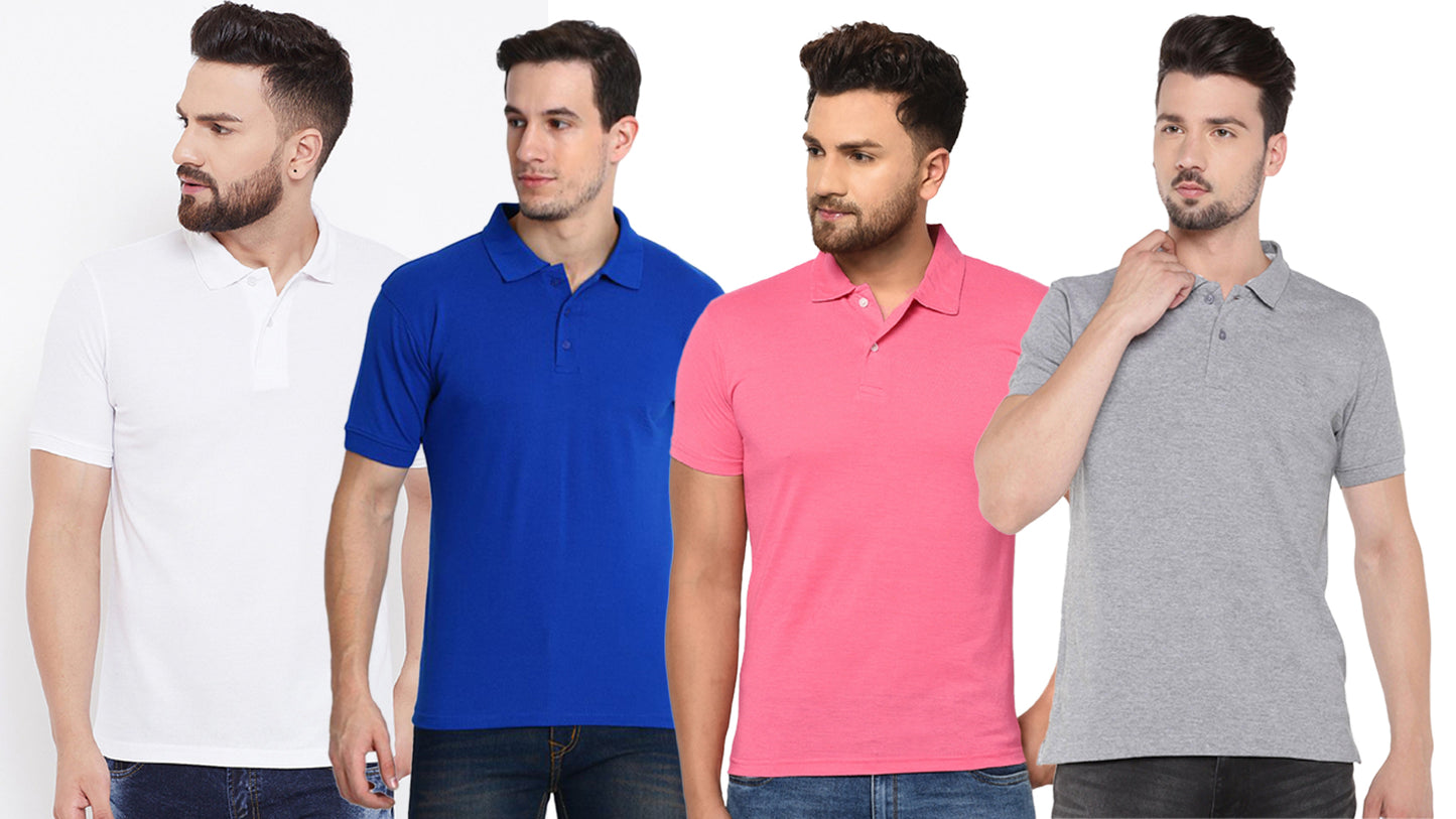Cotton Blend Solid Half Sleeves Mens Polo Neck T-Shirt (Pack of 4) - Bharat Bazaar