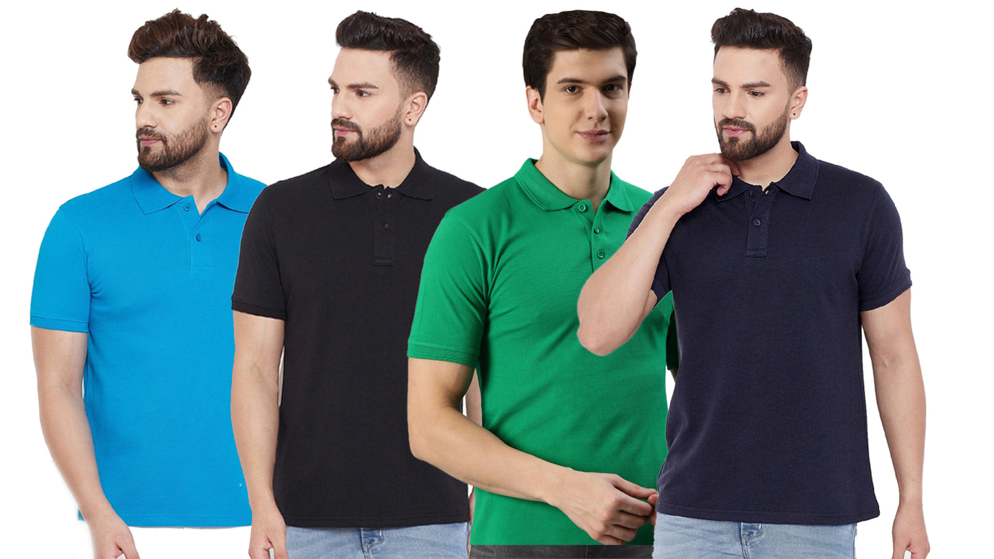 Cotton Blend Solid Half Sleeves Mens Polo Neck T-Shirt (Pack of 4) - Bharat Bazaar