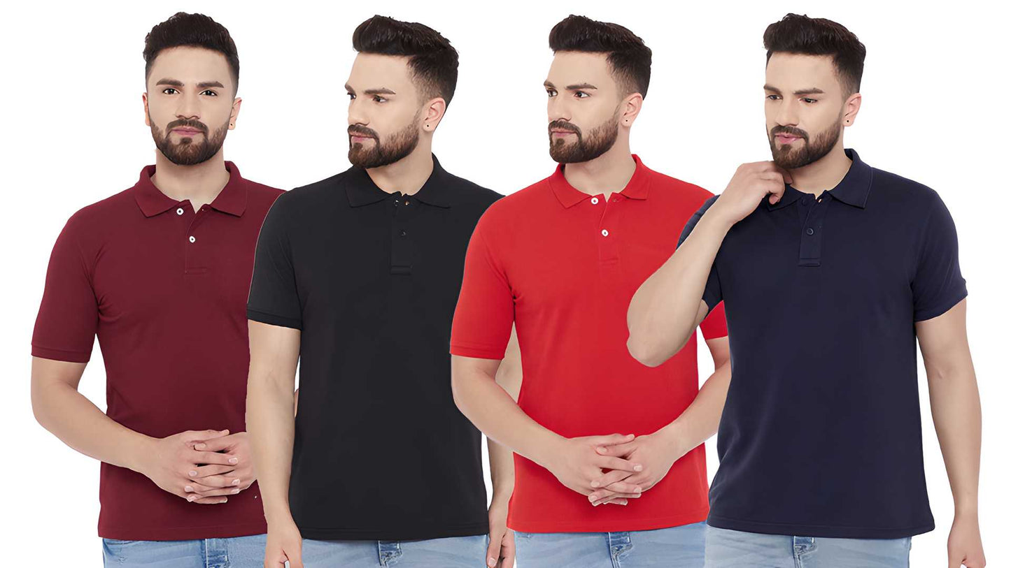 Cotton Blend Solid Half Sleeves Mens Polo Neck T-Shirt (Pack of 4) - Bharat Bazaar