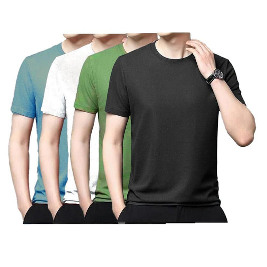 Polyester Stretchable Solid Half Sleeves Mens Round Neck T-Shirt Pack Of 4