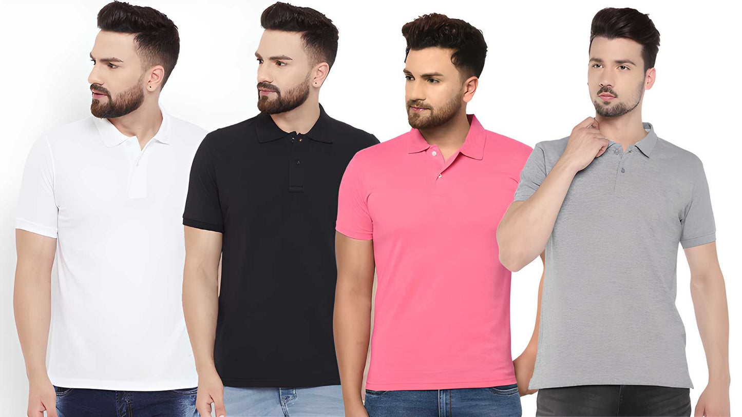 Cotton Blend Solid Half Sleeves Mens Polo Neck T-Shirt (Pack of 4)