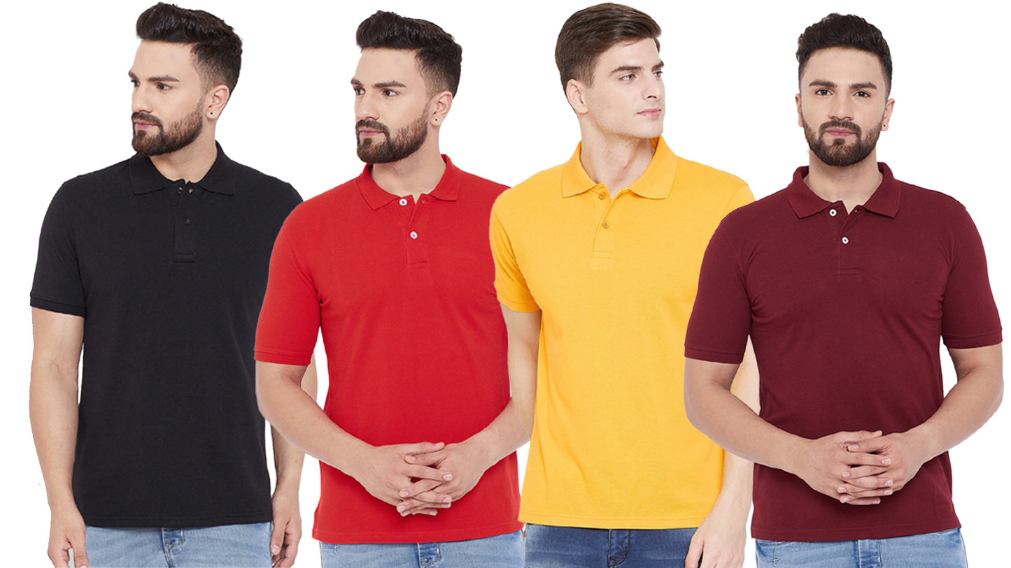 Cotton Blend Solid Half Sleeves Mens Polo Neck T-Shirt (Pack of 4)