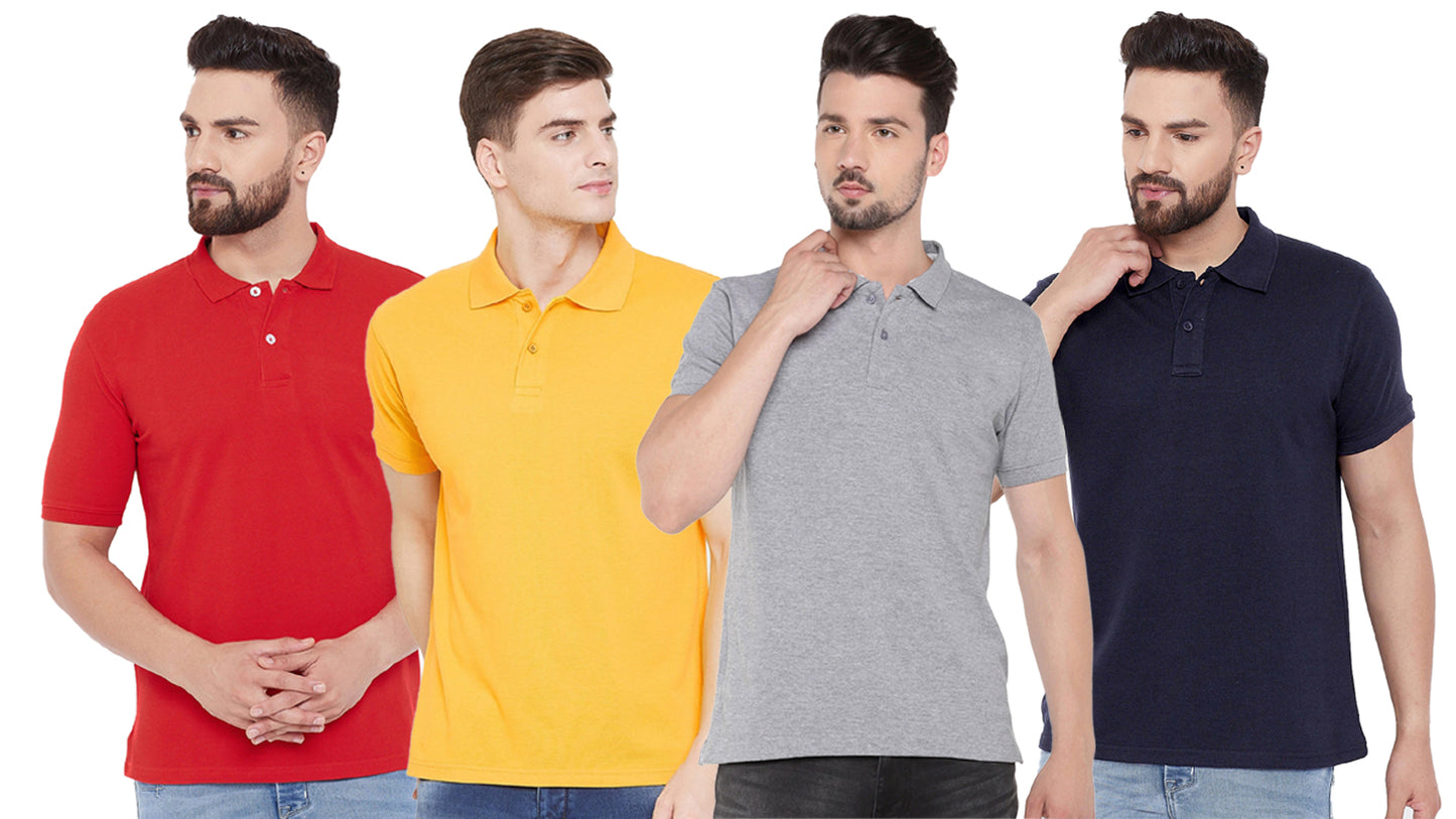 Cotton Blend Solid Half Sleeves Mens Polo Neck T-Shirt (Pack of 4)