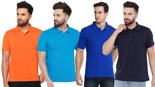 Cotton Blend Solid Half Sleeves Mens Polo Neck T-Shirt (Pack of 4)