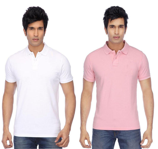 Cotton Blend Solid Half Sleeves Mens Polo Neck T-Shirt (Pack of 2)