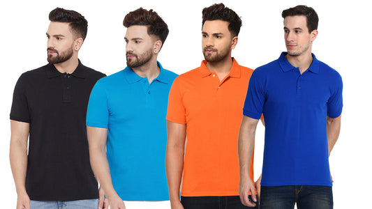 Cotton Blend Solid Half Sleeves Mens Polo Neck T-Shirt (Pack of 4)