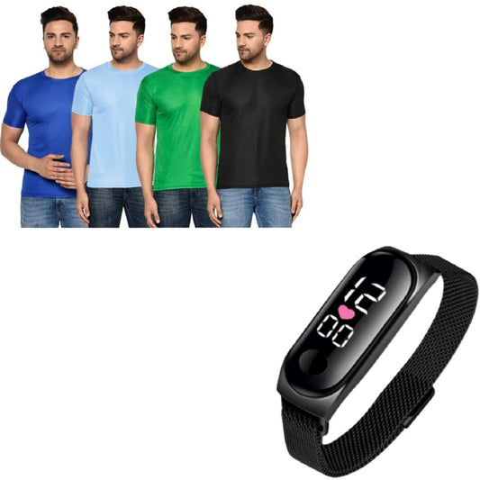 Men's Pack Of-4 Half Sleeves Round Neck T-shirt With Men's Magnetic Oval Watch Combo