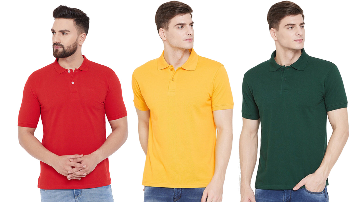 Cotton Blend Solid Half Sleeves Mens Polo Neck T-Shirt (Pack of 3)