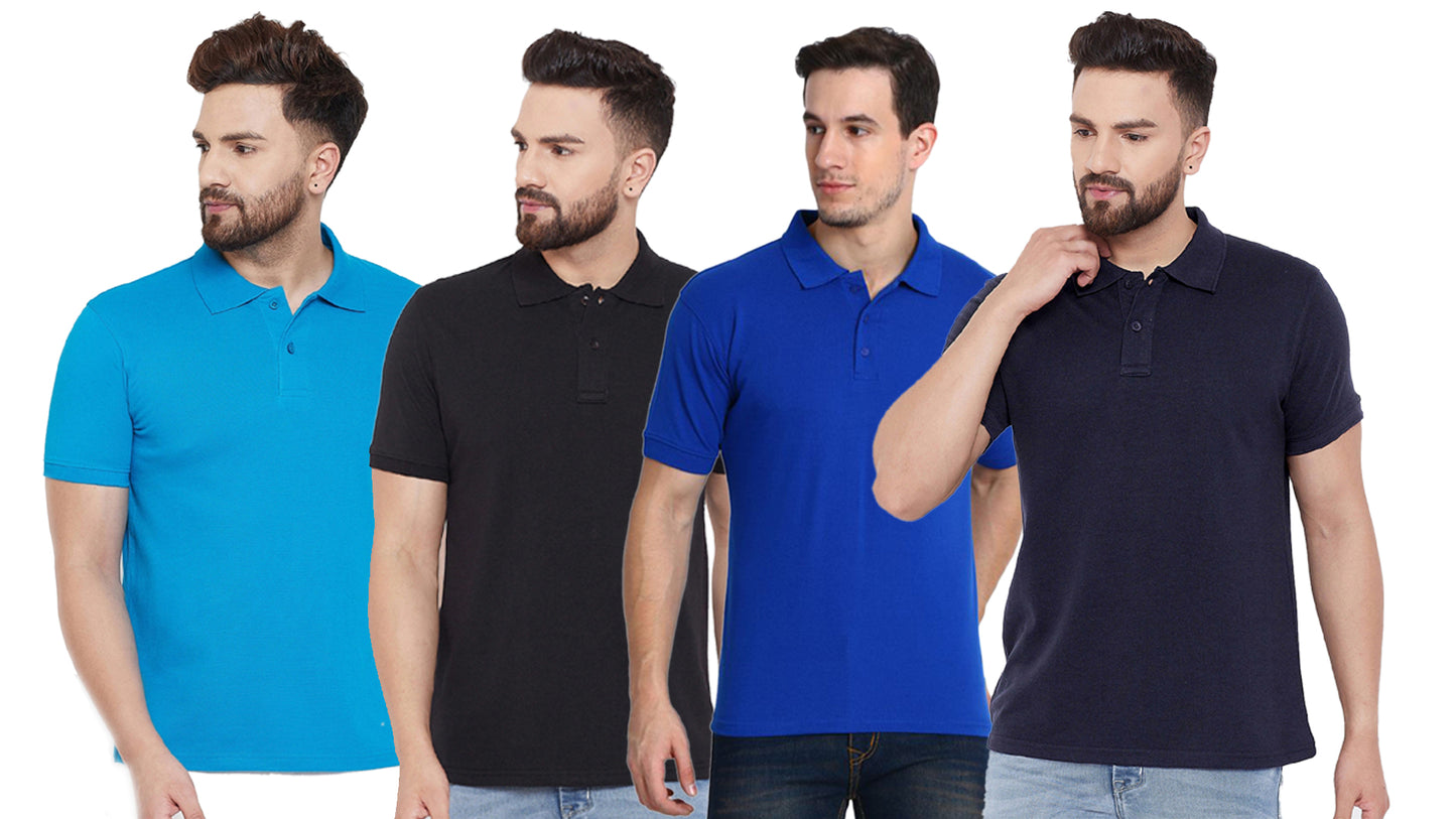 Cotton Blend Solid Half Sleeves Mens Polo Neck T-Shirt (Pack of 4)